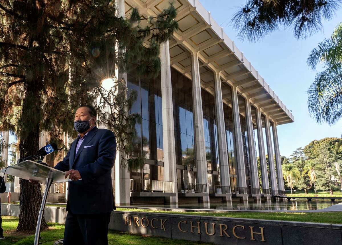 Che Ahn, the senior pastor of Harvest Rock Church in Pasadena, takes questions at a news conference in February after the state’s high court ruled that California couldn’t continue with a ban on indoor church services. Harvest Rock is set to receive $1.35 million from the state to cover its legal expenses in fighting Gov. Gavin Newsom’s restrictions on assembly, which were ordered in March 2020 to protect the public from the coronavirus.