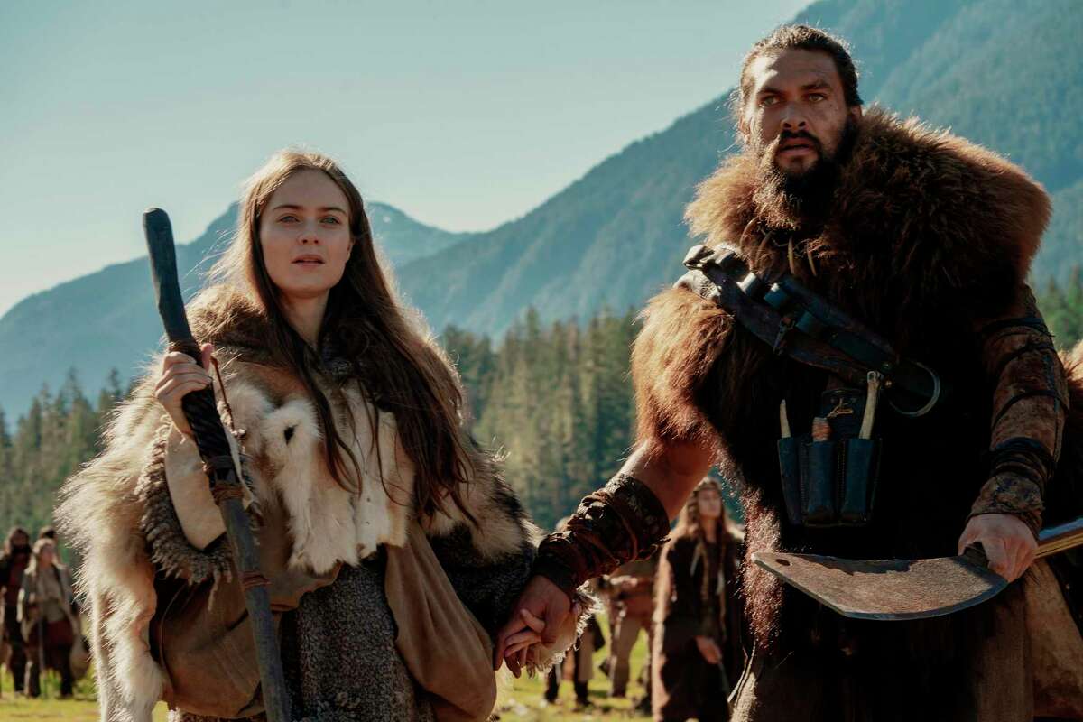 Jason Momoa, right, and Hera Hilmar in a scene from "See," on Apple TV Plus. (Apple TV Plus)
