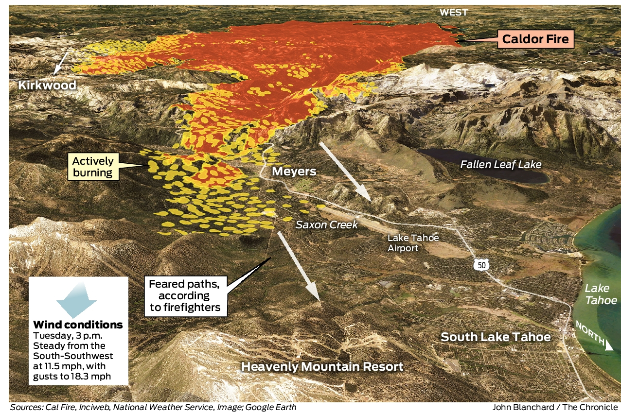This map shows the feared path of the Caldor Fire toward Heavenly Ski 