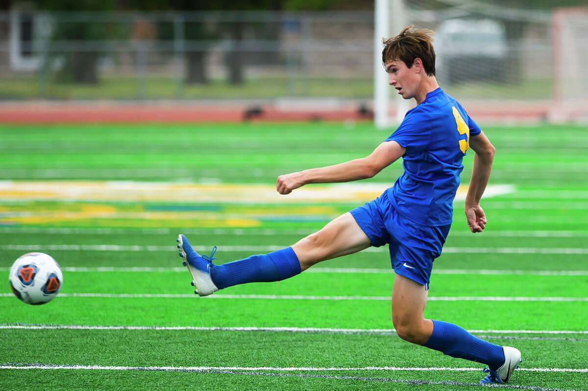Cole Carpenter, shown in a game last year, scored on a penalty kick on Saturday to help Midland High go 2-0 in competition in Traverse City.