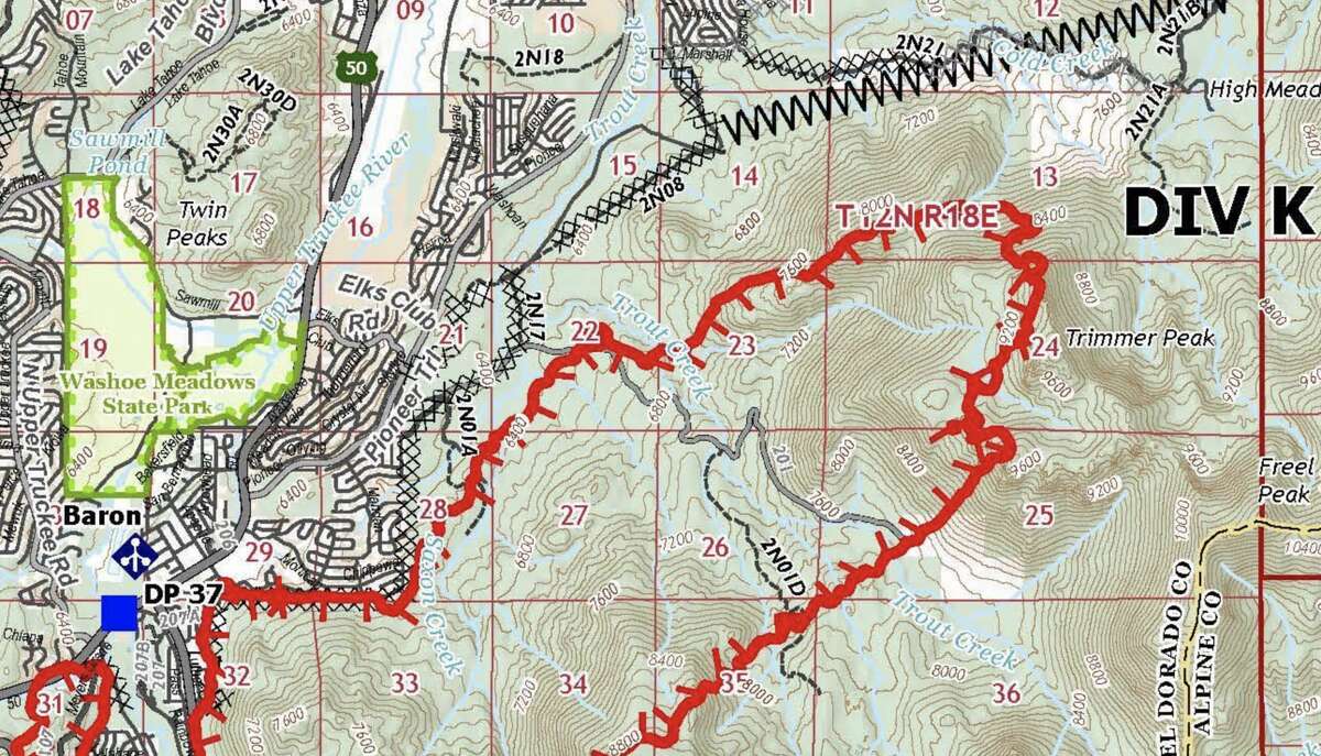 The northeastern tip of the Caldor Fire lines in the Cal Fire operations map for Sept. 1, 2021. The fire is burning parallel to Pioneer Trail in the direction of Heavenly ski resort.