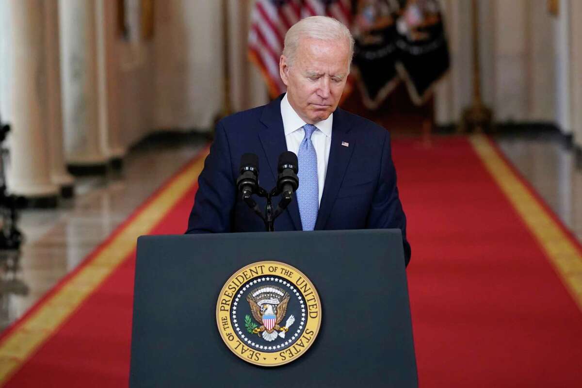 President Joe Biden finishes speaking about the end of the war in Afghanistan from the State Dining Room of the White House, Tuesday, Aug. 31, 2021, in Washington.