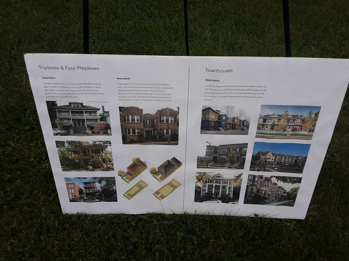 These photos, displayed during a neighborhood meeting in August 2021 on the former site of Eastlawn Elementary School, showed some of the possible types of housing that could eventually be built on the property.