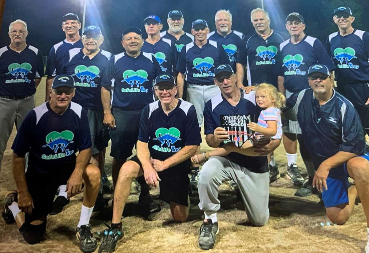 Members of the SafeLife Key Grand Masters Gold team are (front, from left) John Fraser, Dennis Phillips, Norm Curtiss, Dave Olpere; and (back, from left) Mike Delamater, Jim Parker, George Mallery, Andy Reyes, Wendell Curtiss, Craig Norton, Marty Langhorst, Jim Erickson, Paul Rekowski, Bob Faught, and Scott Phillips. Not pictured are Pat MacDonald, Paul Elliot, and Gregg Sauve.