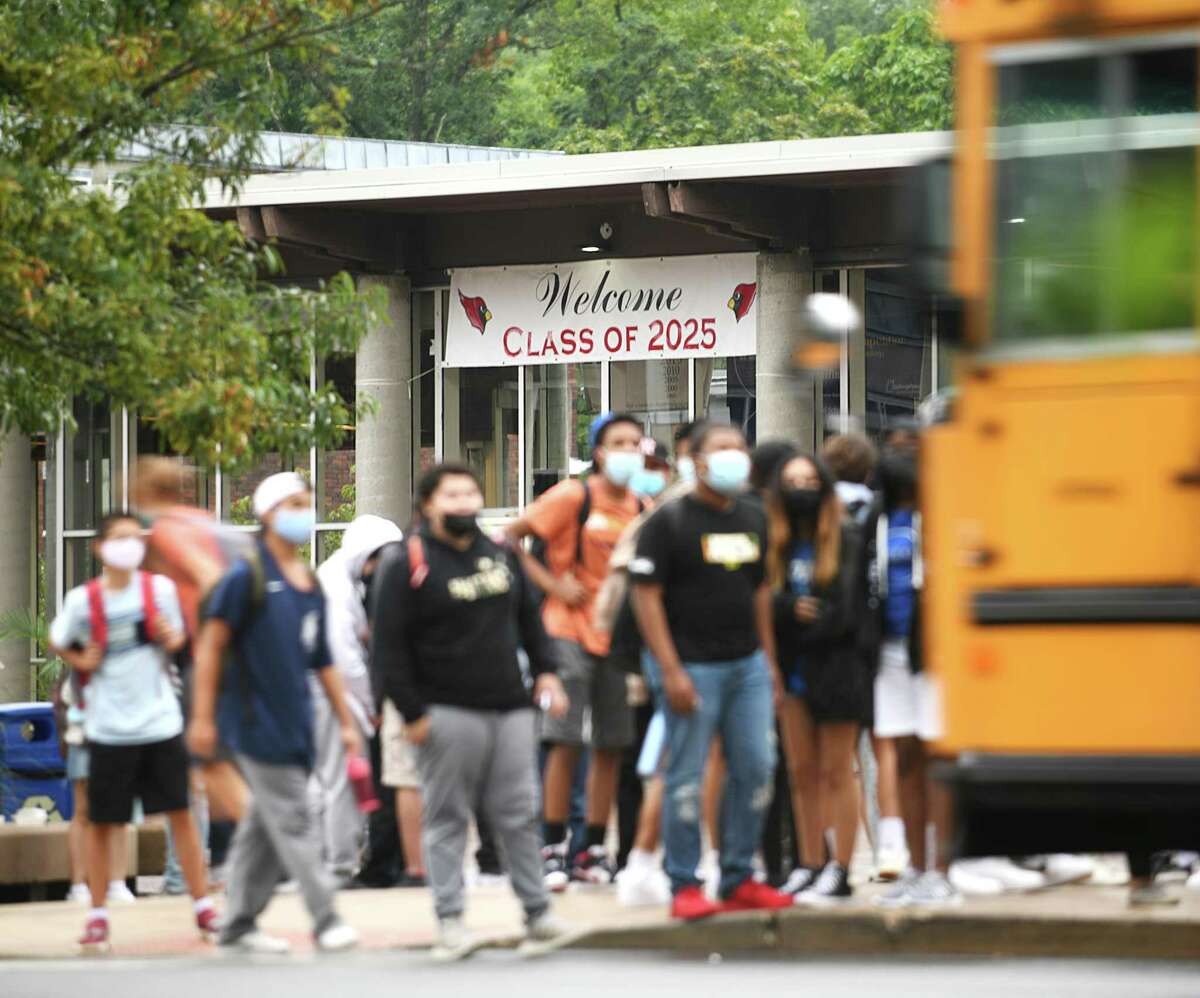 Students are dismissed after the first day of the 2021-2022 school year at Greenwich High School in Greenwich, Conn. Wednesday, Sept. 1, 2021. Greenwich Public Schools students across all grade levels returned for in-person learning Wednesday.
