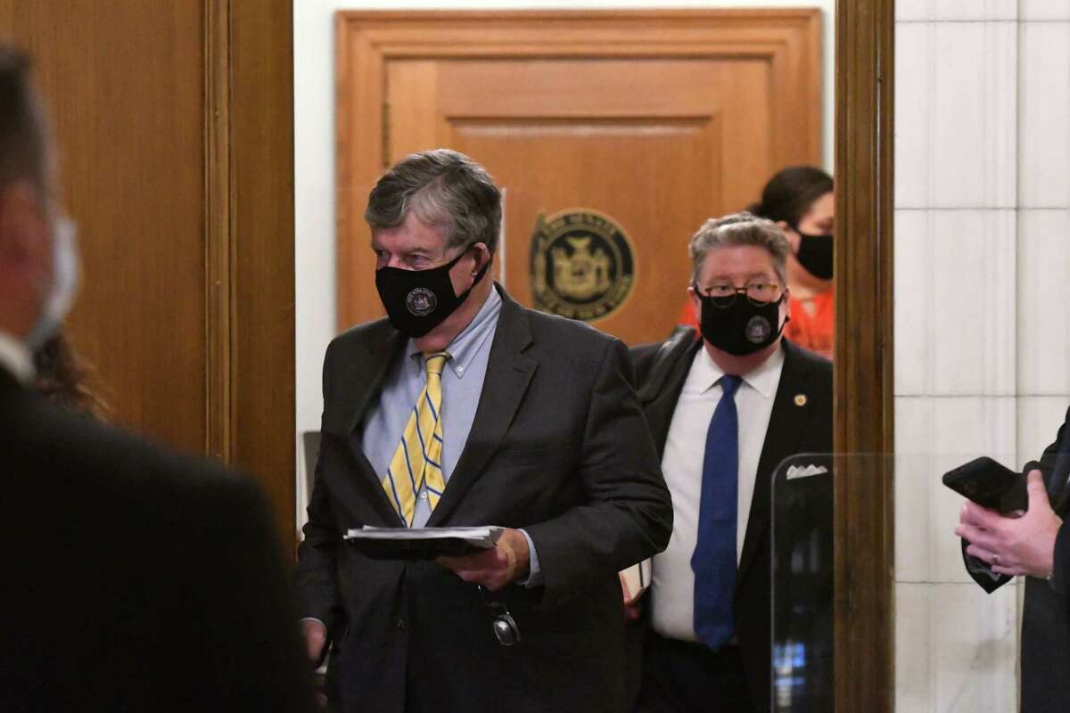 State Sen. Neil Breslin leaves Senate Majority Leader Andrea Alice Stewart-Cousins's office before the start of a special session on Wednesday Sept. 1, 2021, at the Capitol in Albany, N.Y.