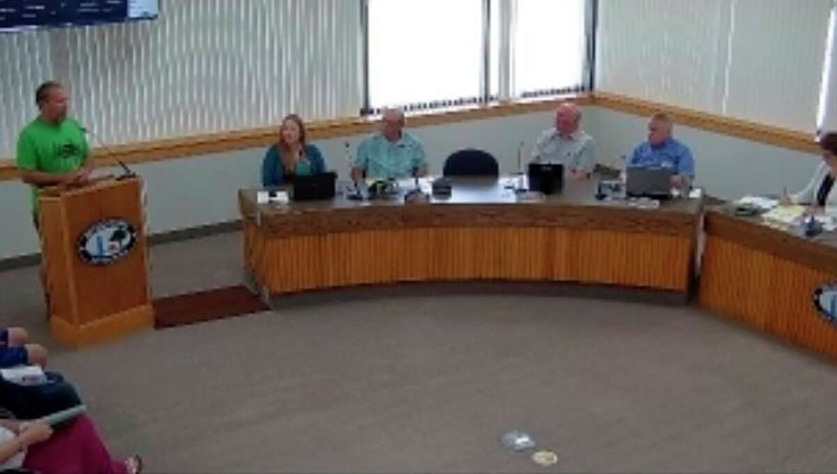 Brian Childs, president of the Benzie Central Schools Board of Education, comments on the Benzie Leelanau District Health Department's K-12 school mask mandate at a special meeting of the Benzie County Board of Commissioners held Wednesday. (Courtesy Photo)