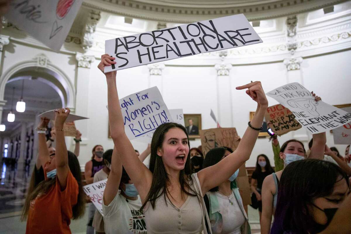 Students protest in the Texas Capitol building against TexasÕs new law that effectively bans abortions after six weeks in Austin, Tx., U.S. on Wednesday, September 1, 2021. Texas Senate Bill 8, SB8, that effectively bans abortions after six weeks in the state of Texas went into effect on Wednesday, September 1, 2021. The Austin Students for a Democratic Society along with the Feminist Action Project organized and held a protest against the implementation of the new law outside the Texas Capitol.
