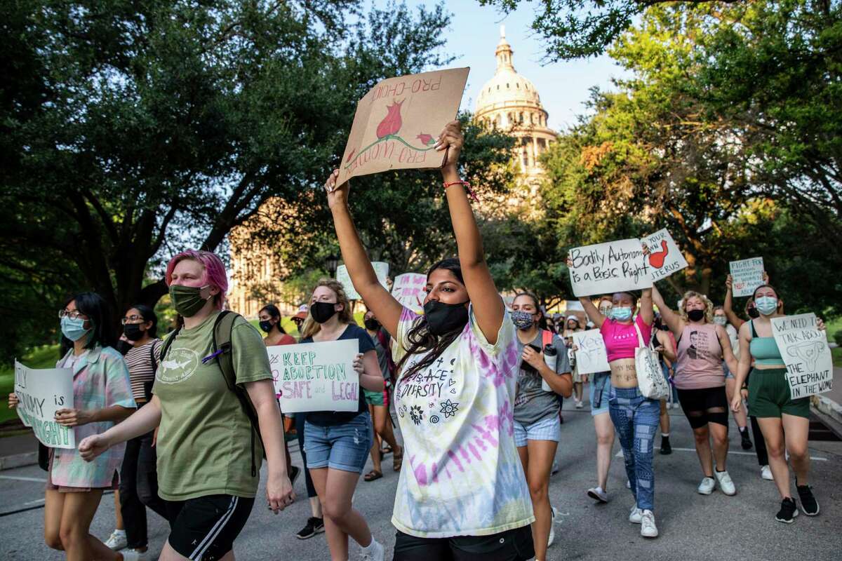 Students protest at the Texas Capitol against TexasÕs new law that effectively bans abortions after six weeks in Austin, Tx., U.S. on Wednesday, September 1, 2021. Texas Senate Bill 8, SB8, that effectively bans abortions after six weeks in the state of Texas went into effect on Wednesday, September 1, 2021. The Austin Students for a Democratic Society along with the Feminist Action Project organized and held a protest against the implementation of the new law outside the Texas Capitol.
