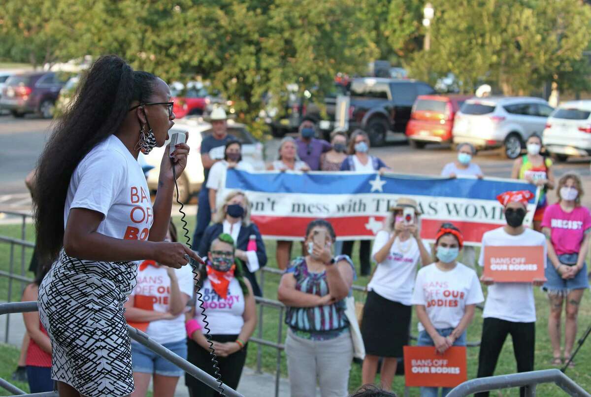 President of Black Freedom Factory and founder of Change Rape Culture Kimiya Factory talks to participants gathered at San Pedro Springs Park in a statewide protest against Texas’ new anti-abortion law. 