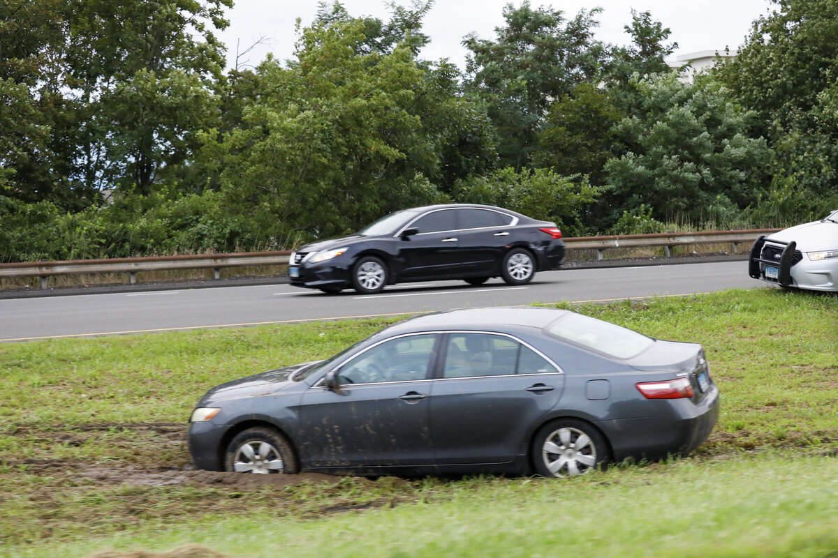 Cars stuck in the Median of the Route 7 connector in Norwalk after remnants of Ida hit Connecticut overnight on Thursday, Sept. 2, 2021.