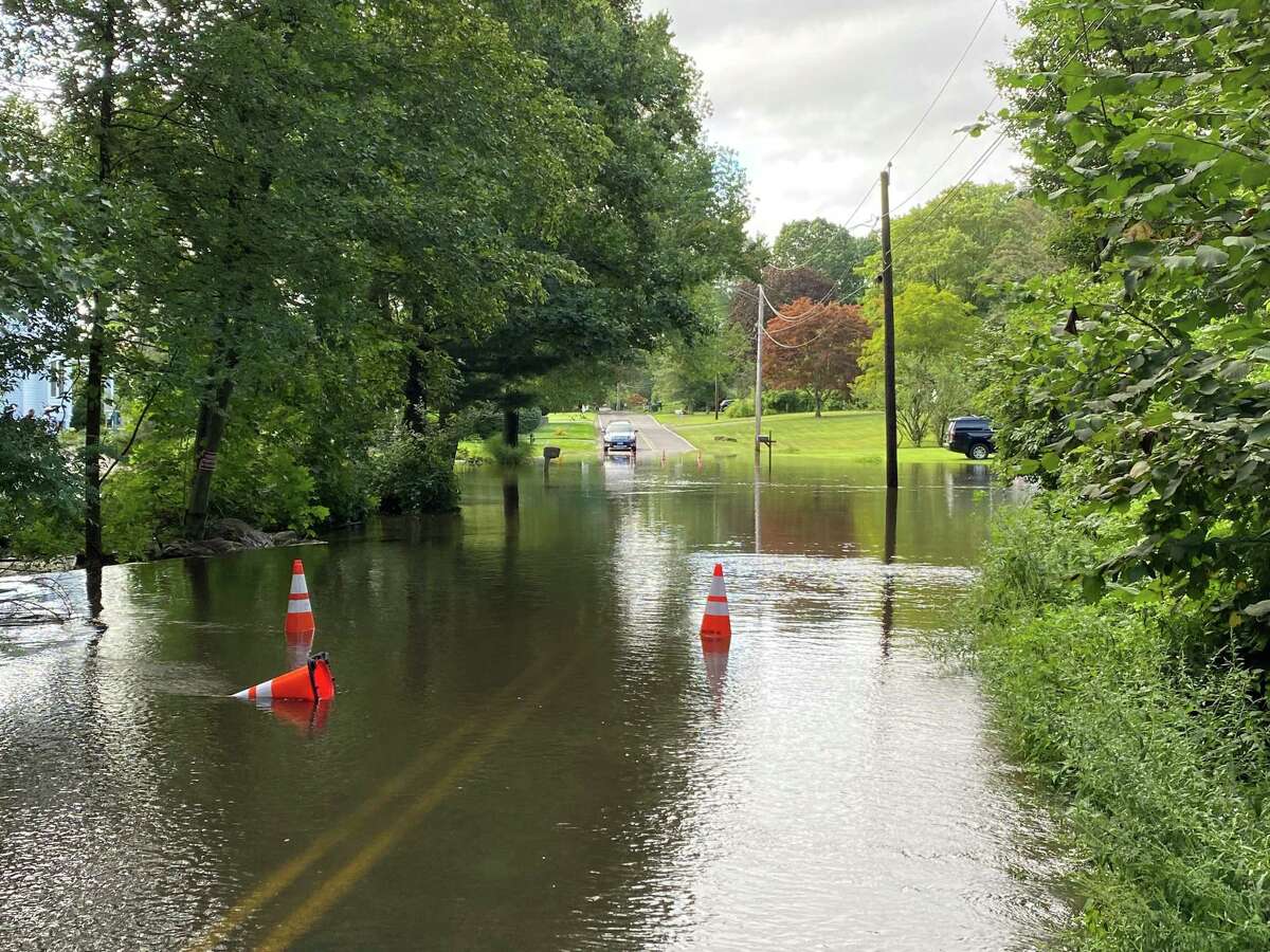Israel Hill Road in Shelton is flooded after Hurricane Ida dumped several inches of rain on Connecticut overnight.