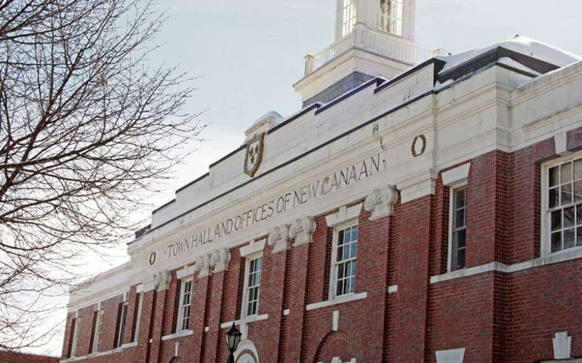 The top of the front of New Canaan Town Hall in New Canaan, Connecticut.