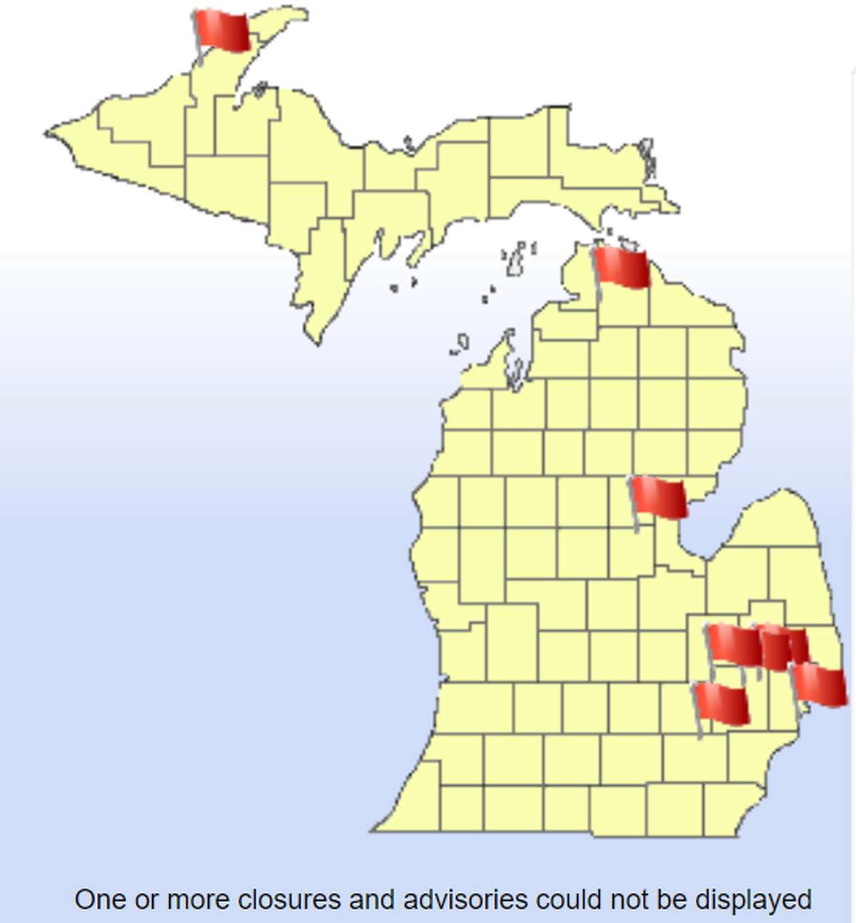 Map shows which beaches are closed and under contamination advisories in Michigan.
