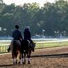 Trainer George Weaver, left leads one of his charges back to the barn at the Oklahoma Training Center adjacent to the Saratoga Race Course Thursday Sep, 2 2021 in Saratoga Springs, N.Y. Special to the Times Union Photo by Skip Dickstein