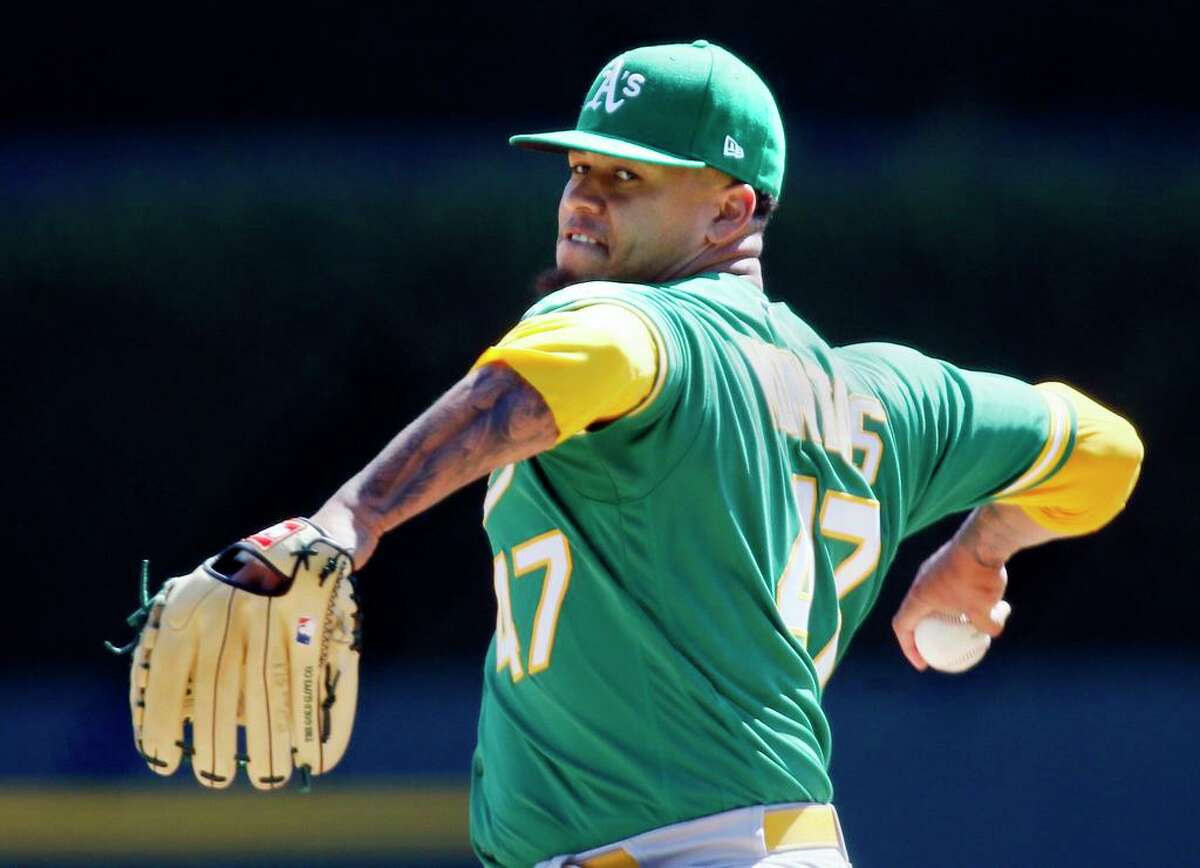 Oakland Athletics starting pitcher Frankie Montas (47) delivers against the Detroit Tigers during the second inning of a baseball game Thursday, Sept. 2, 2021, in Detroit. (AP Photo/Duane Burleson)