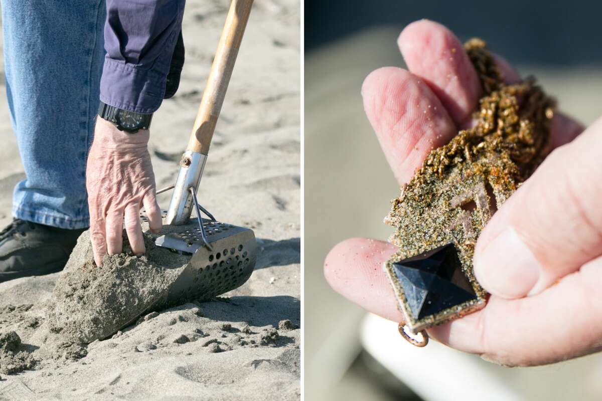 Metal detector Marshall Smith uses a shovel, left, to pick up a metal earring he found on a recreational metal search trip to Ocean Beach, San Francisco, on August 26, 2021. 