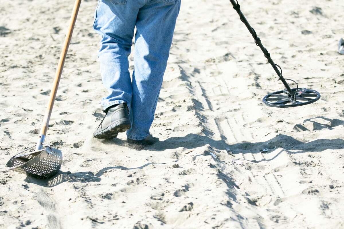 Metal detector Marshall Smith is performing some recreational metal searches on a trip to Ocean Beach, San Francisco on August 26, 2021.