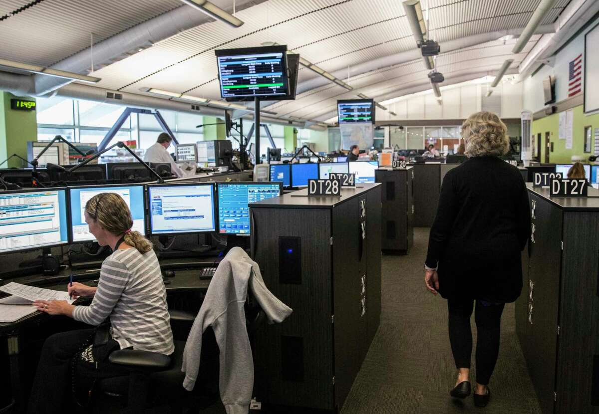 A photo of the 911 dispatch floor at the Department of Emergency Services Management headquarters in San Francisco, Calif.