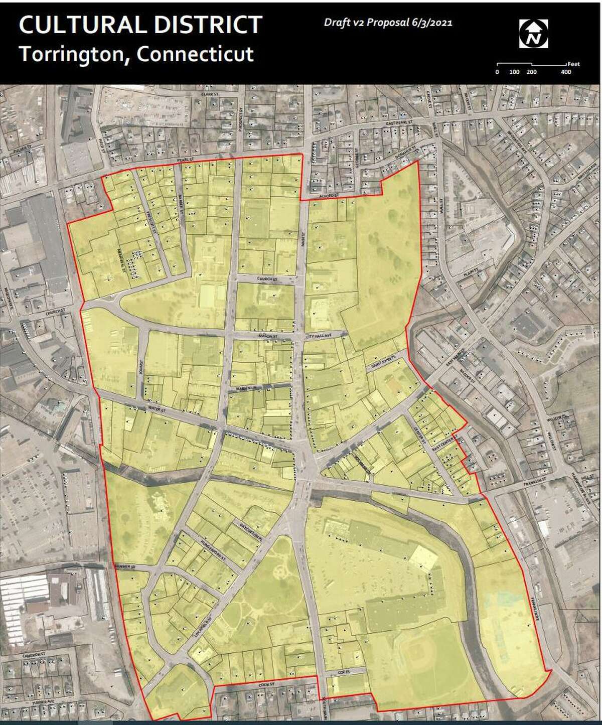 Torrington is applying to the state to establish a cultural district downtown. Pictured is a screenshot of the proposed area in Torrington.