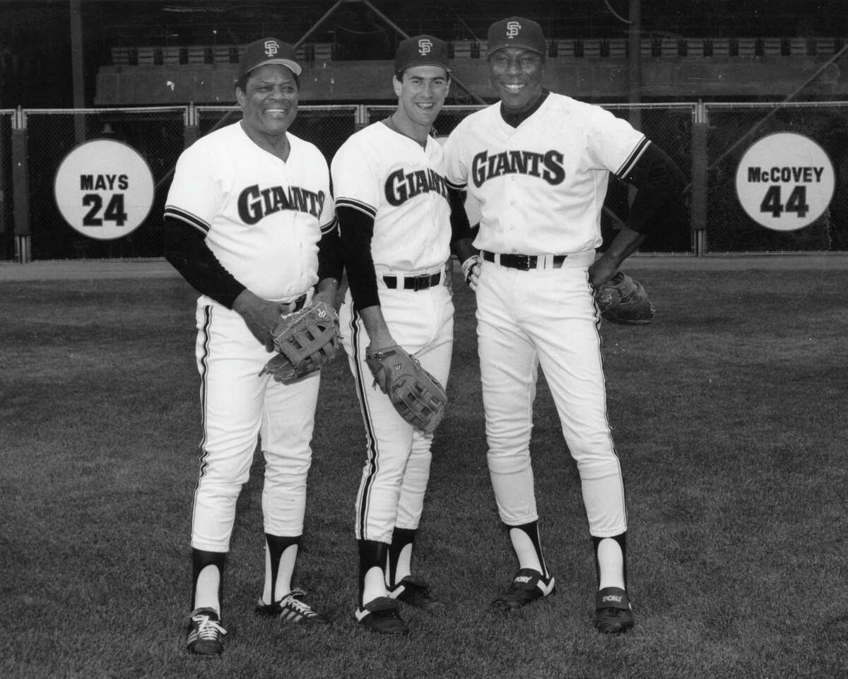 Giants greats (l to r) Willie Mays, Will Clark, Willie McCovey, May 1, 1986 Photo ran May 5, 1986