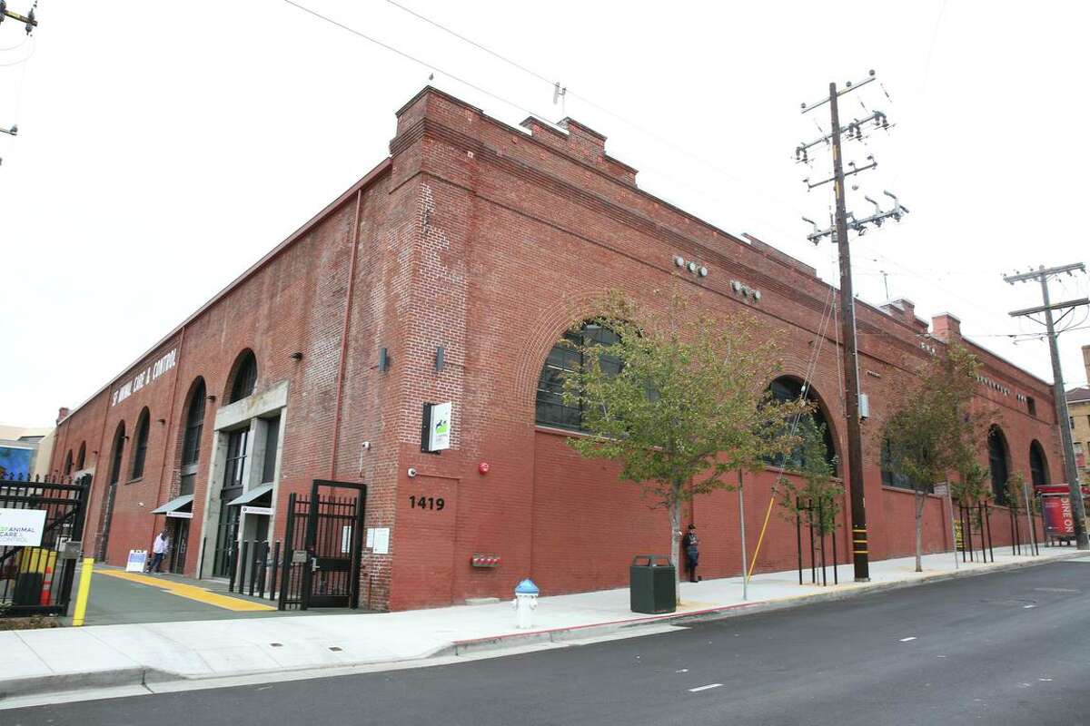 The north (left) and south (partially seen at far right) buildings at the new San Francisco Animal Care and Control center, which is the shell of a streetcar power facility from 1893.