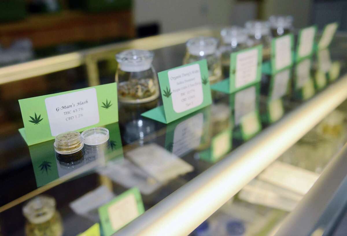 Various marijuana strains on display at a medical marijuana dispensary in Rhode Island.