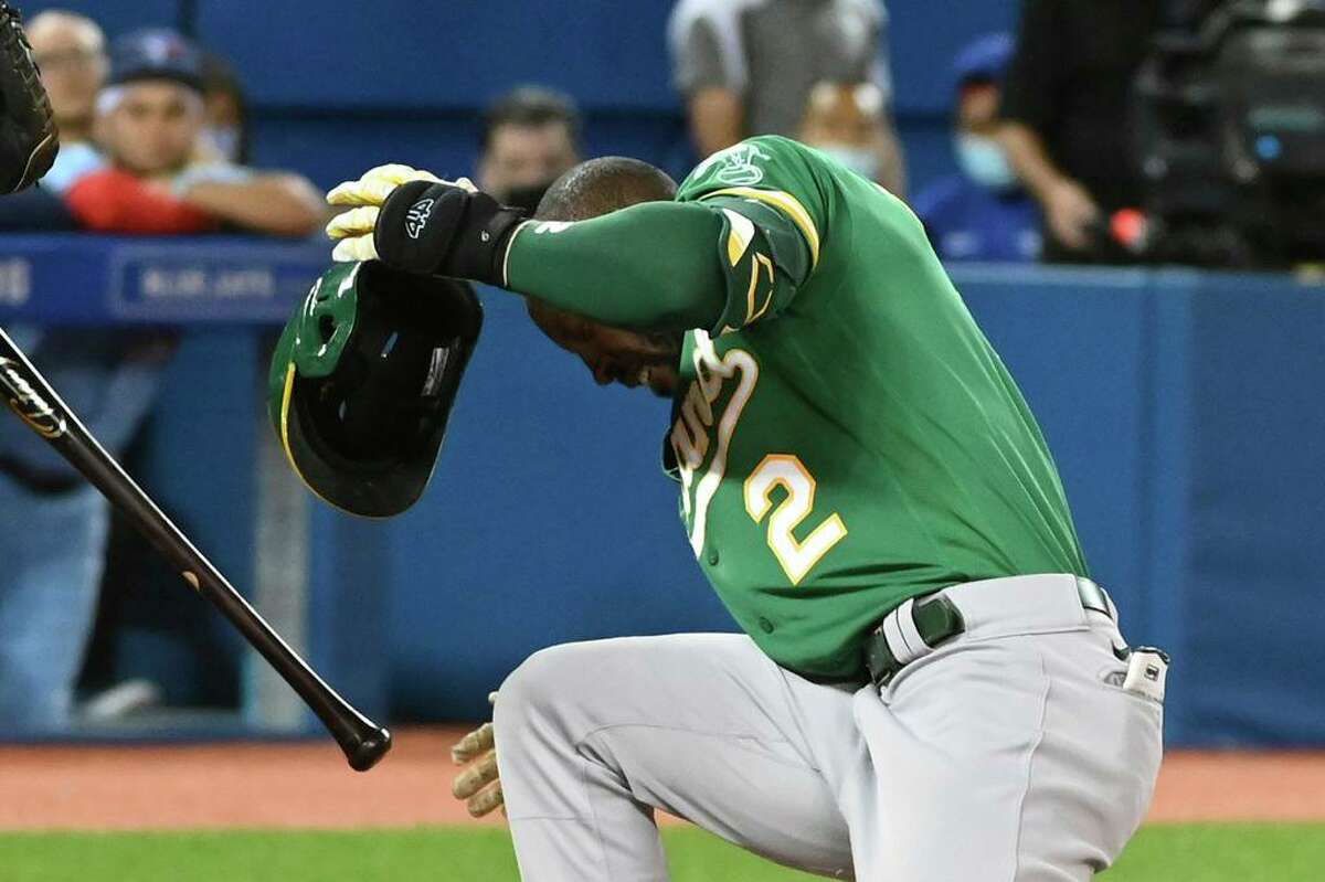 Starling Marte hit in helmet by pitch, A's 'don't think it's a concussion