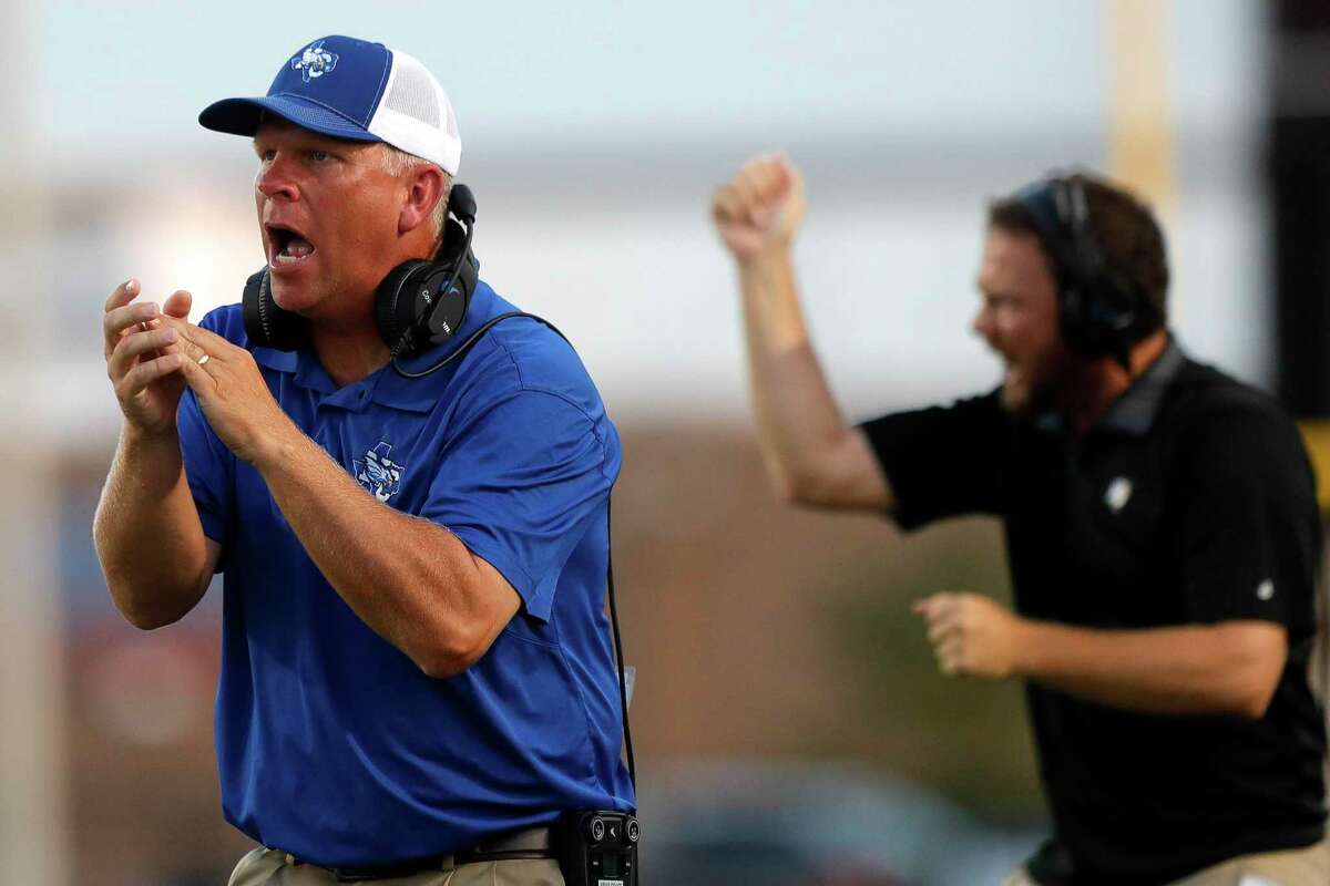 New Caney head coach Travis Reeve reacts after an extra point during the second quarter of a high school football game at Randall Reed Stadium, Friday, Sept. 3, 2021, in New Caney.