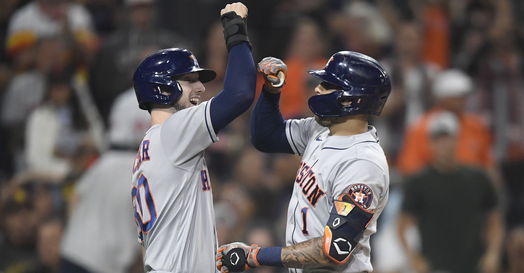 San Diego Padres' Fernando Tatis Jr., left, is congratulated by Ha