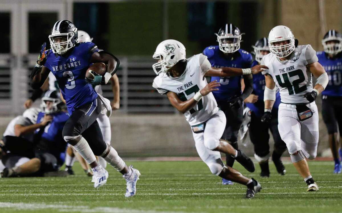 New Caney running back Kedrick Reescano (3) runs for a 70-yard gain during the fourth quarter of a high school football game at Randall Reed Stadium, Friday, Sept. 3, 2021, in New Caney.