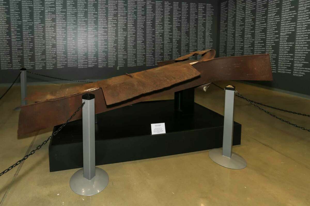 The exhibition “Never Forget: Commemorating the 20th Anniversary of 9/11” features a portion of the World Trade Center I-beam on September 4, 2021 at the Lone Star Flight Museum in Houston.