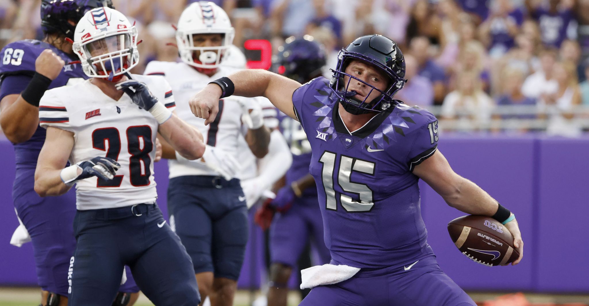 Max Duggan, TCU blow out Duquense as teams shorten second half