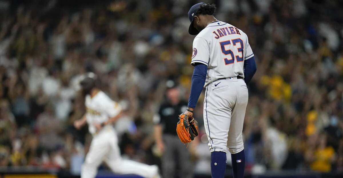 Houston Astros relief pitcher Cristian Javier (53) stands on the mound as San Diego Padres' Wil Myers rounds the bases after hitting a two-run home run during the seventh inning of a baseball game Saturday, Sept. 4, 2021, in San Diego. (AP Photo/Gregory Bull)