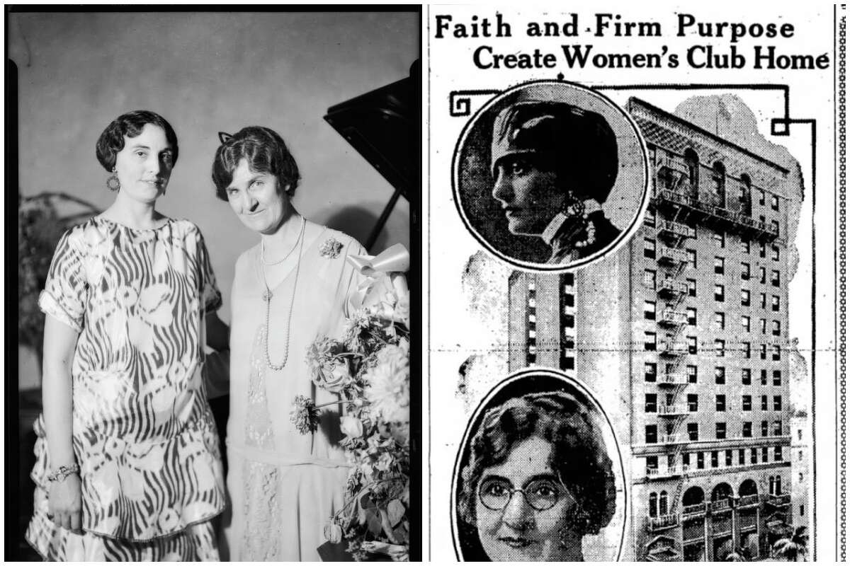 Maude Bouldin and Mrs. Chester C. Ashley (left. 1926) and a historic newspaper clipping (right) from the Hotel Figueroa's archives. 