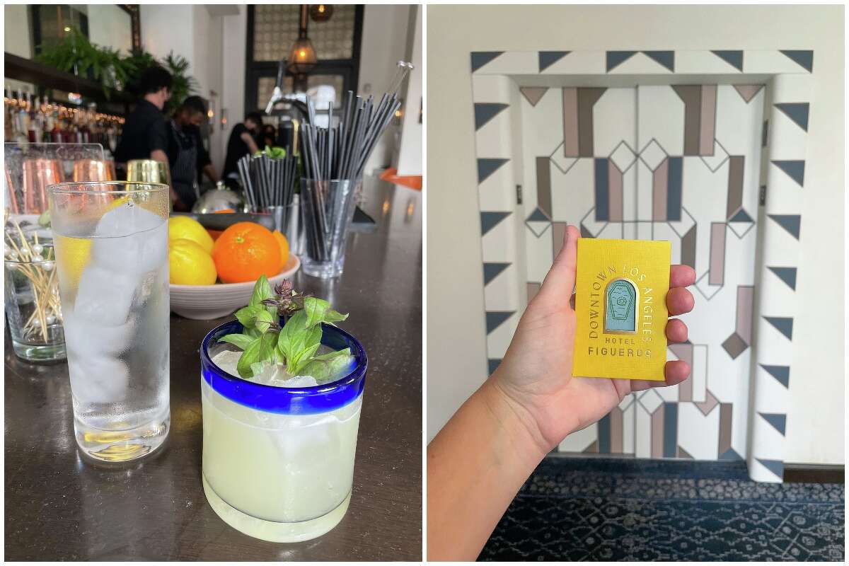 A cocktail at the hotel bar (left) and a Hotel Figueroa key card sleeve (right).