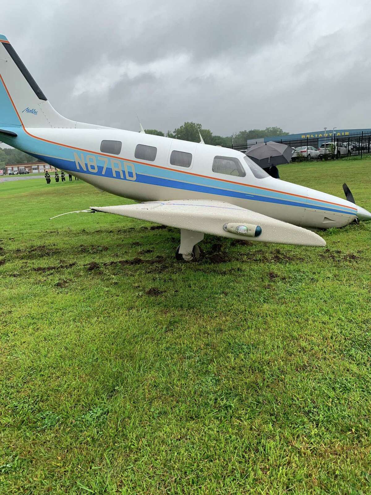 A plane coming from Maryland landed at Danbury Airport and slid 100 feet off the runway on Sunday, Sept. 5, 2021.