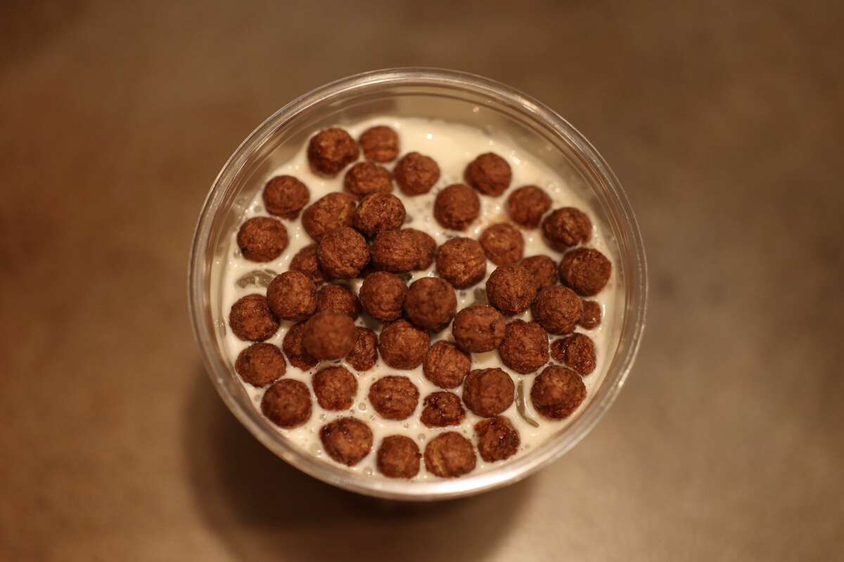 Chocolate puffs and a few rogue ice cubes sticking out.