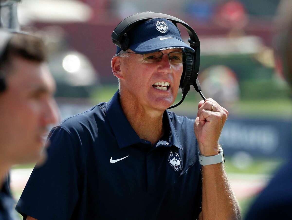FILE - In this Aug. 28, 2021, file photo, Connecticut coach Randy Edsall coaches his team against Fresno State during the second half of an NCAA college football game in Fresno, Calif. Edsall, whose teams have won just six games since he returned to the Huskies for a second stint as coach in 2017 has announced that he will retire at the end of the season. (AP Photo/Gary Kazanjian, File)