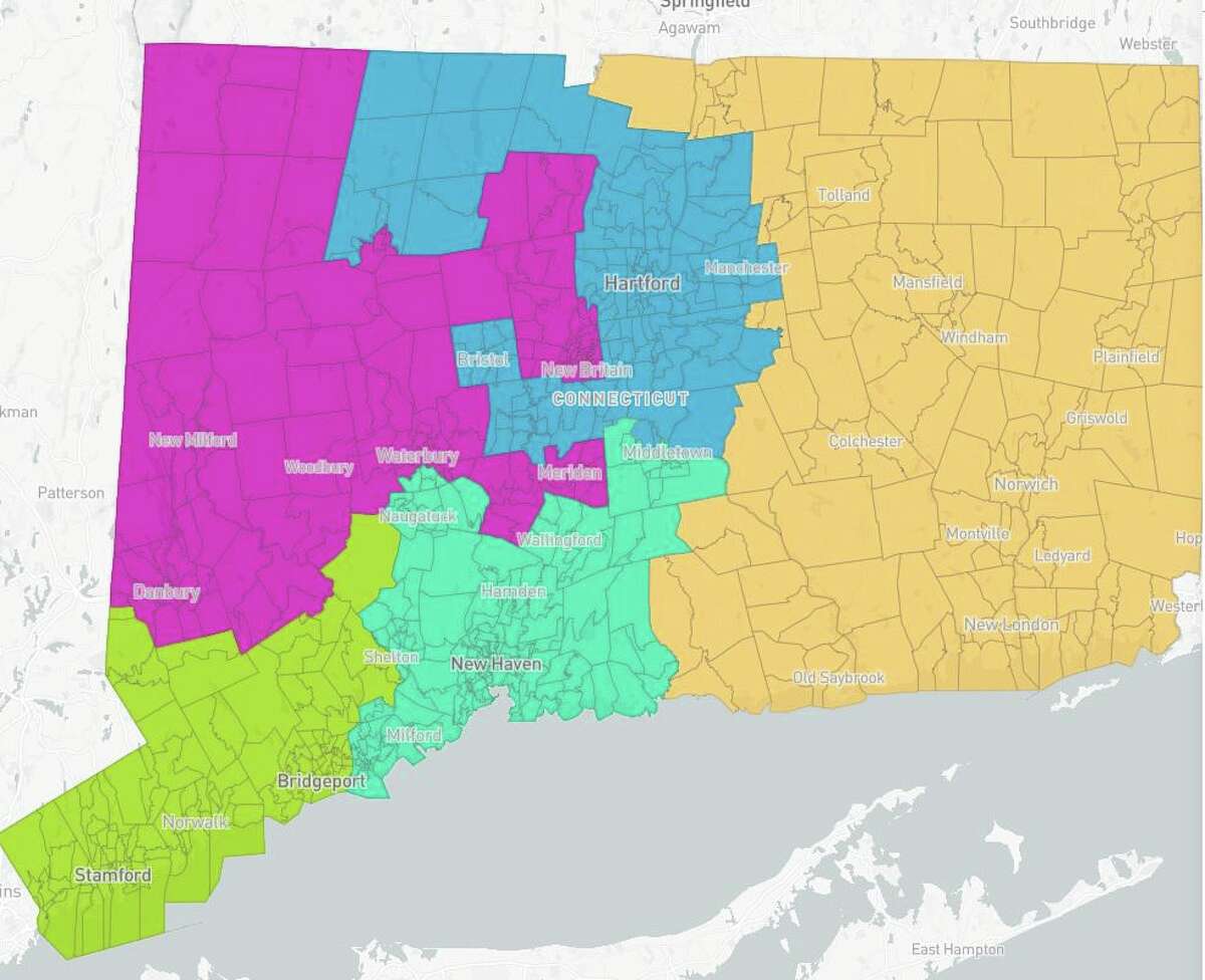 The odd shape of the 5th Congressional District (in purple) is the consequence of Connecticut losing a seat after the 2000 census, resulting in two incumbents ending up in the 5th. It was drawn to set up a fair fight. The 2nd (in yellow) is underpopulated and must grow.