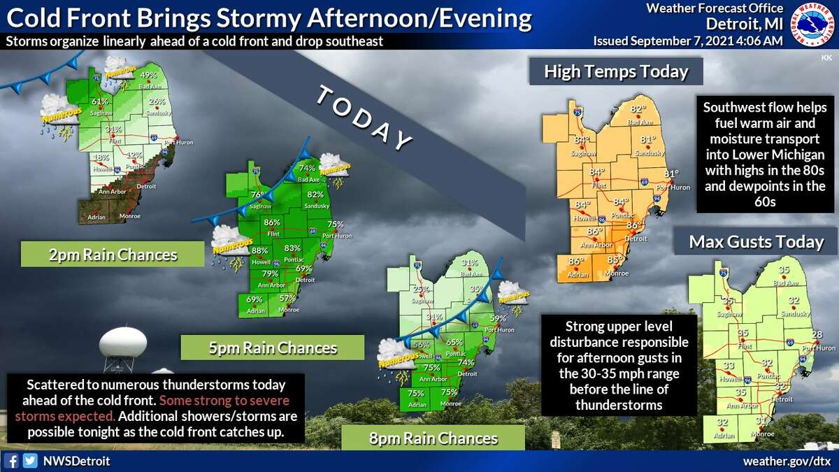 Thunderstorms are expected late Tuesday afternoon through the evening as a strong cold front crosses the region, the National Weather Service reports in a hazardous weather outlook.