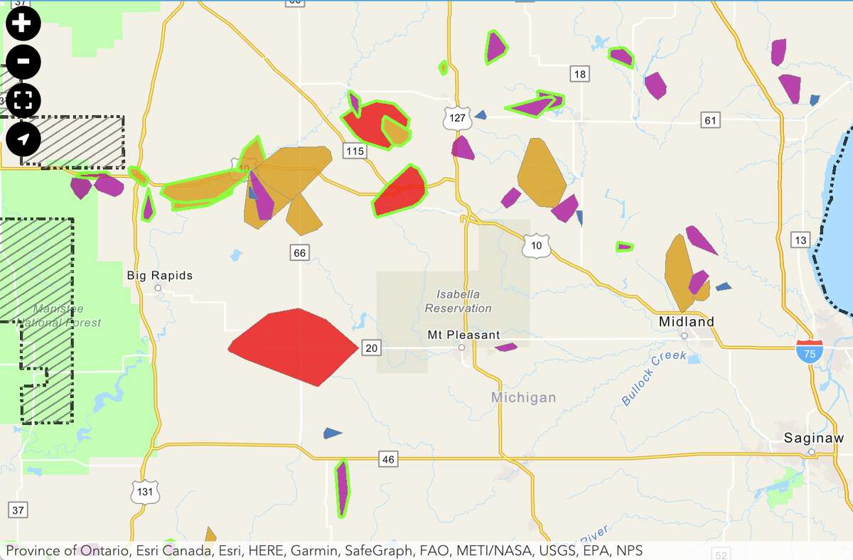 The Consumers Energy Outage Map shows power outages during a storm Tuesday, Sept. 7 in mid-Michigan.