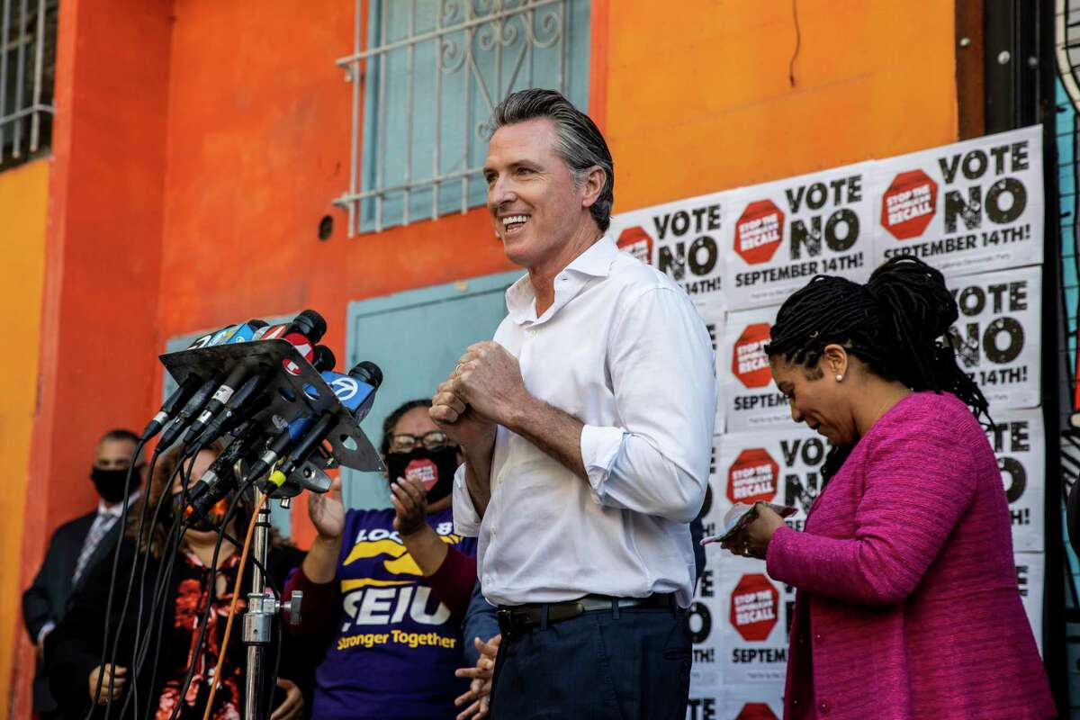 California Gov. Gavin Newsom speaks against the upcoming gubernatorial recall election during a campaign visit at Mission Language and Vocational School in San Francisco on Tuesday, Sept. 7, 2021.