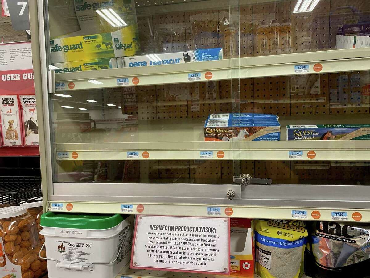 Shelves at the Tractor Supply store, normally stocked with livestock medicine containing ivermectin, were mostly bare on Aug. 26.