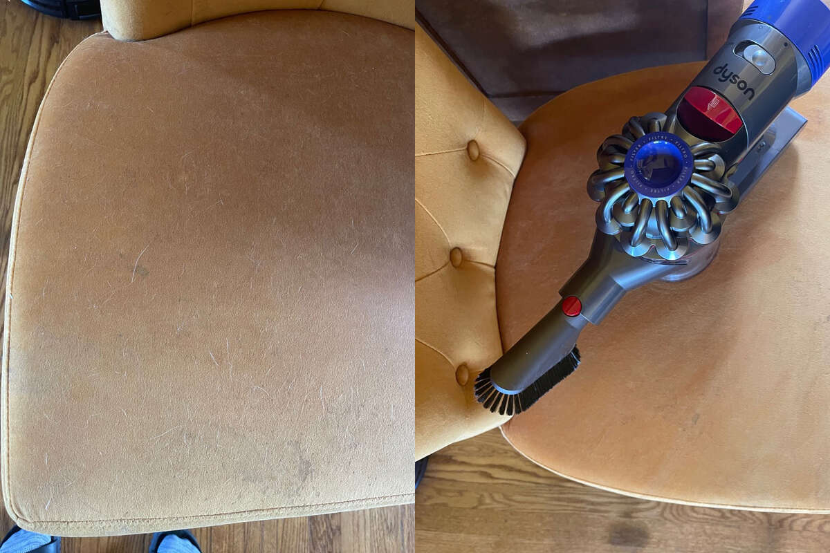 Before and After using the Dyson V8 Absolute to get the fur trapped on a chair at my parents' house.