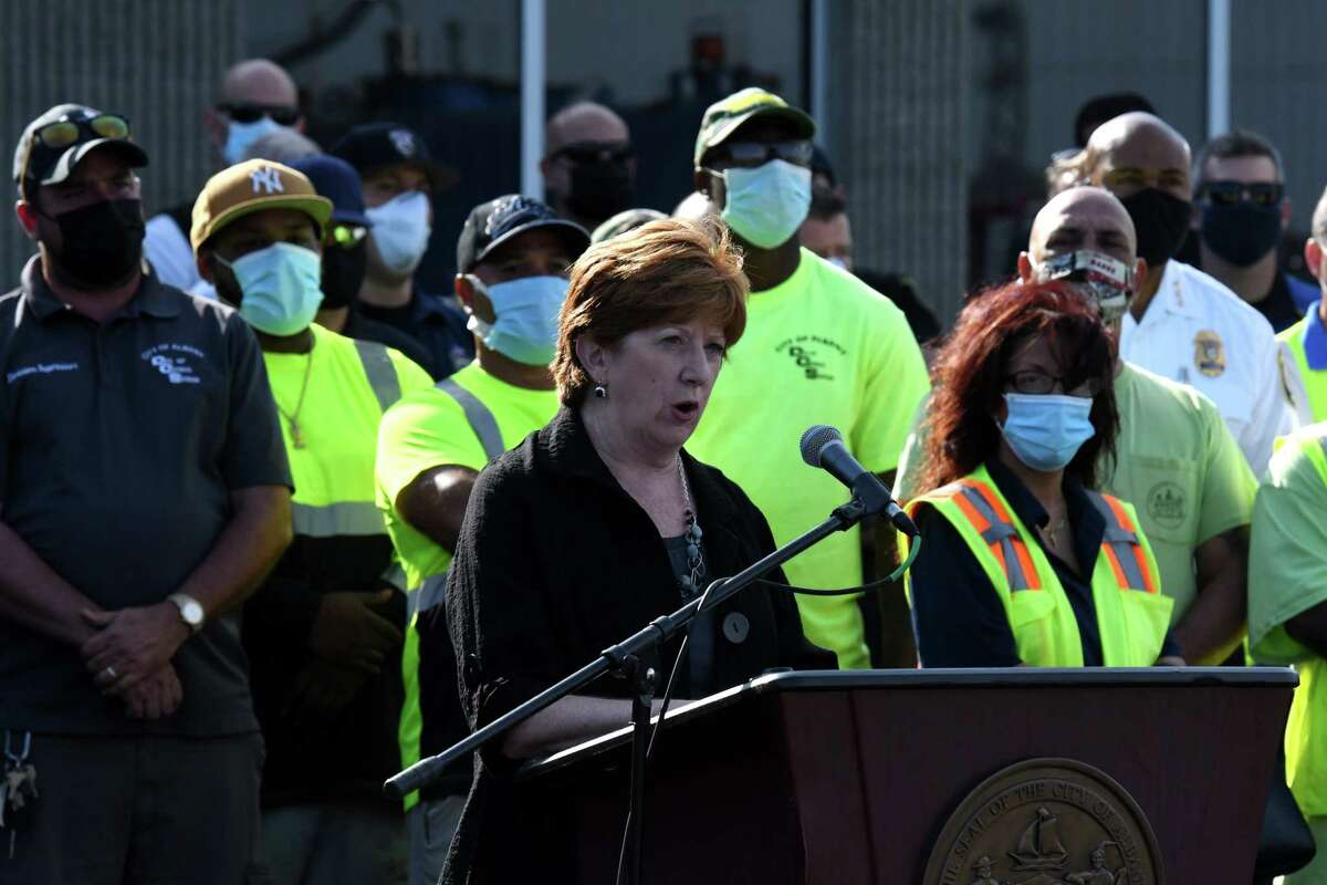 Albany Mayor Kathy Sheehan announces bonuses and raises for city workers from the Albany?•s allocation of its $80.7 million in American Rescue Plan funding on Wednesday, Sept. 8, 2021, during a press conference outside the Department of General Services headquarters in Albany, N.Y. Sheehan's office and city department heads, however, are concerned that 1 out of every 10 city workers at the end of 2021 has left their jobs.