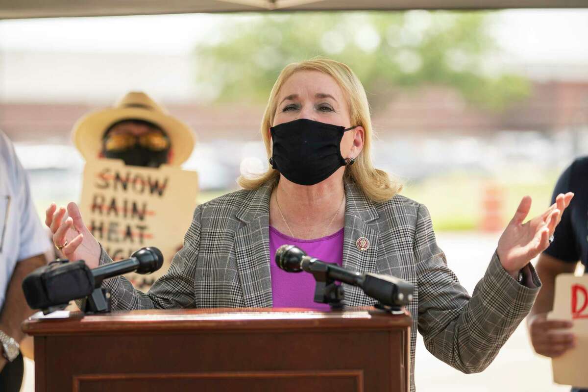 Congresswoman Sylvia Garcia speaks in front of the United States Postal Service distribution center on Aldine Bender Road on Tuesday, Aug. 18, 2020, in Houston. There have been ongoing concerns about delays there.