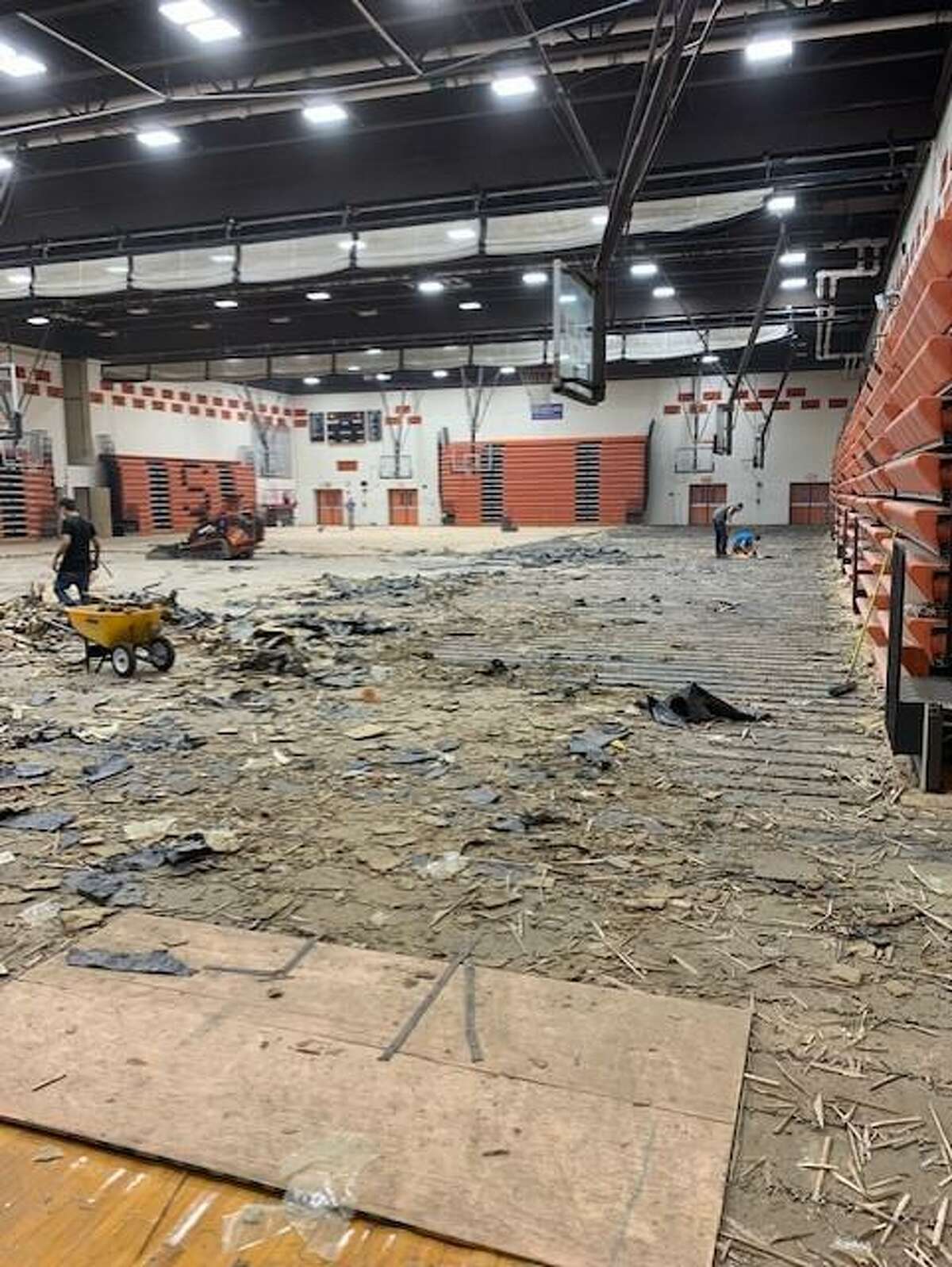The Shelton High gym floor, damaged after an accident in April, is being removed this week. The floor will be replaced with new wood. The gym is closed during the work, and there is no timetable for completion.