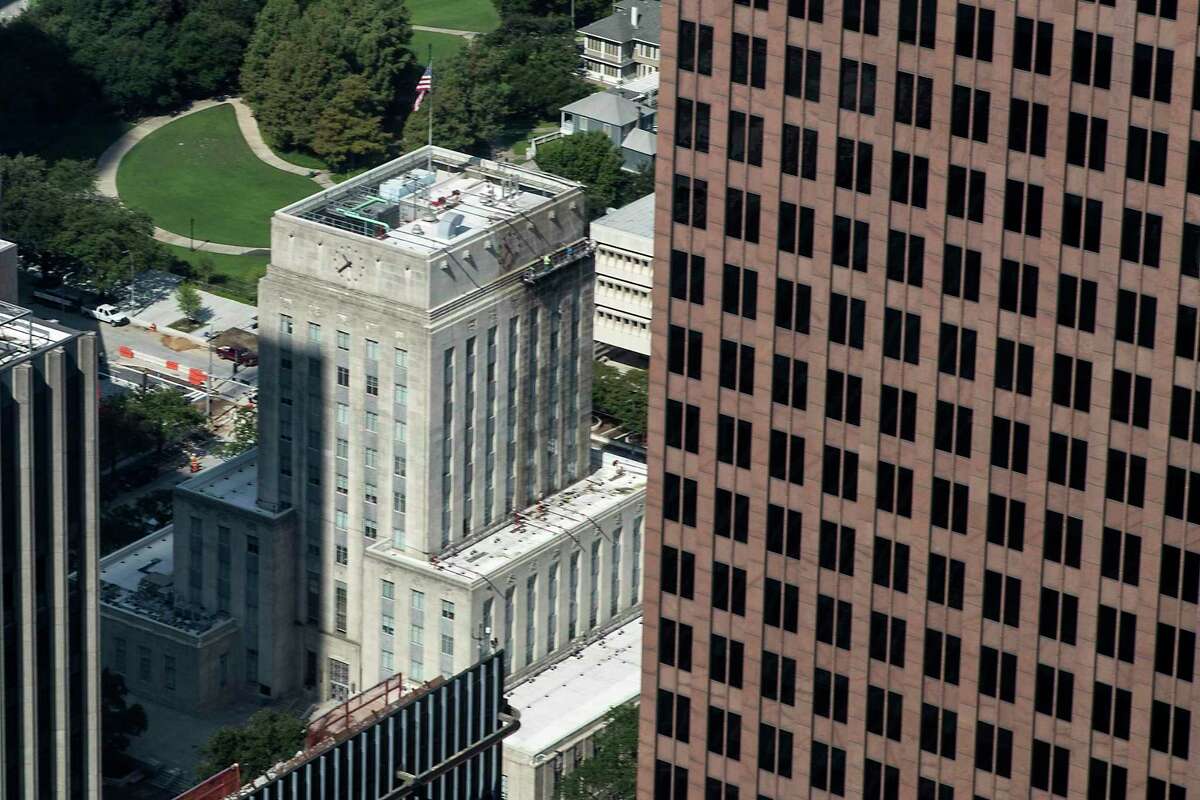 City Hall is shown from the Chase Tower observation floor.