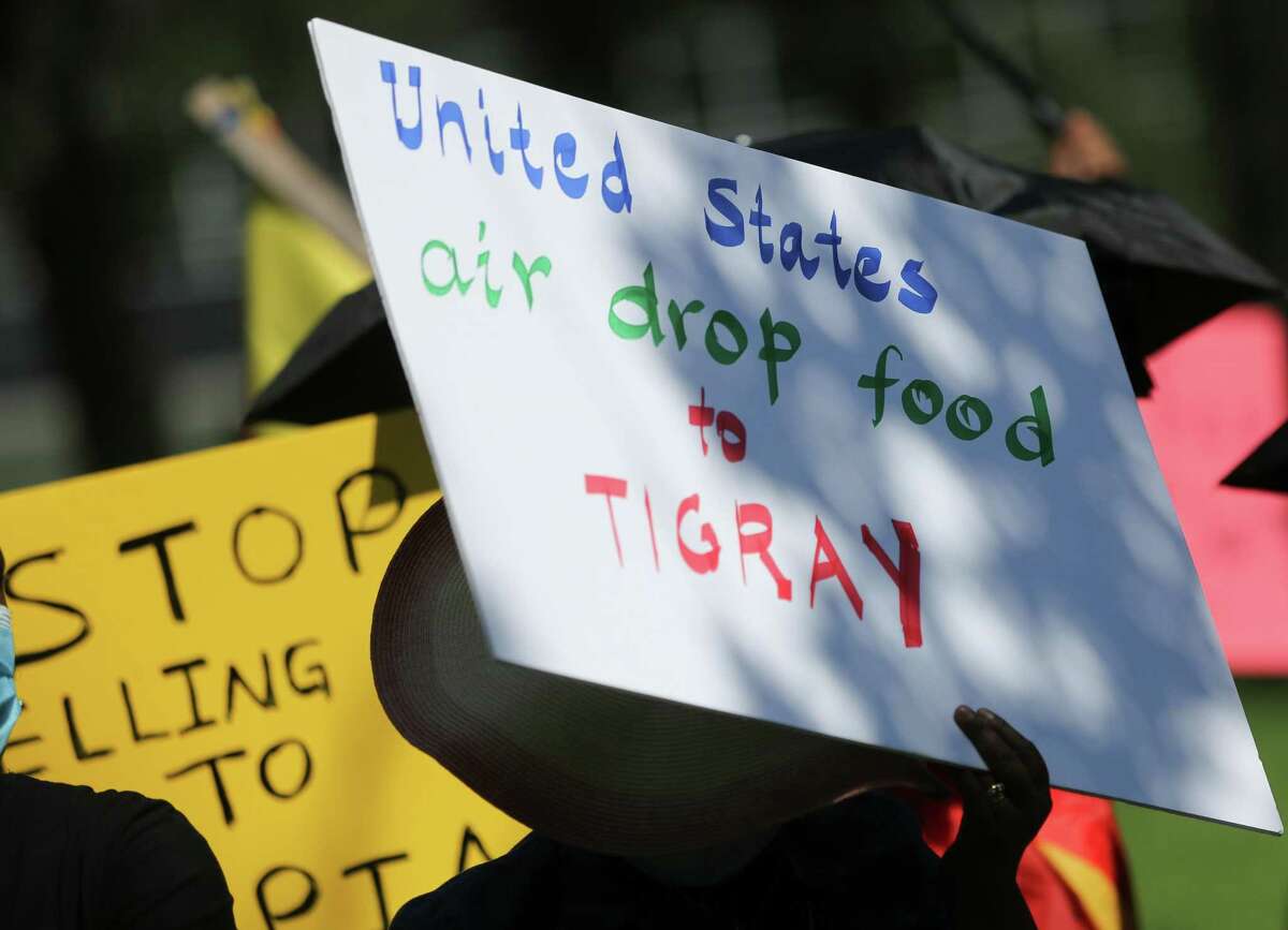 Protesters gather outside the Consulate General of Turkey in Houston to bring attention to Turkey selling drones to Ethiopia for the government to use in Tigray on Wednesday, Sept. 8, 2021.